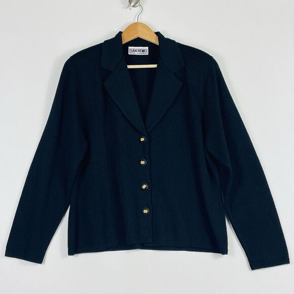 San Remo Petite Laura Knits Black Collared Button Cardigan Sweater Women's Large - Picture 1 of 7